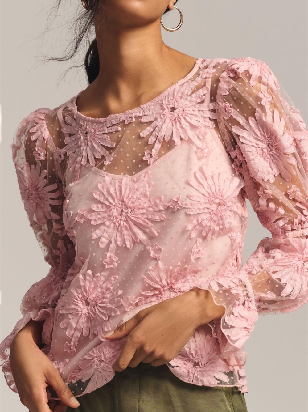 Eva Franco Blush Pink Floral Appliqué Sheer Top